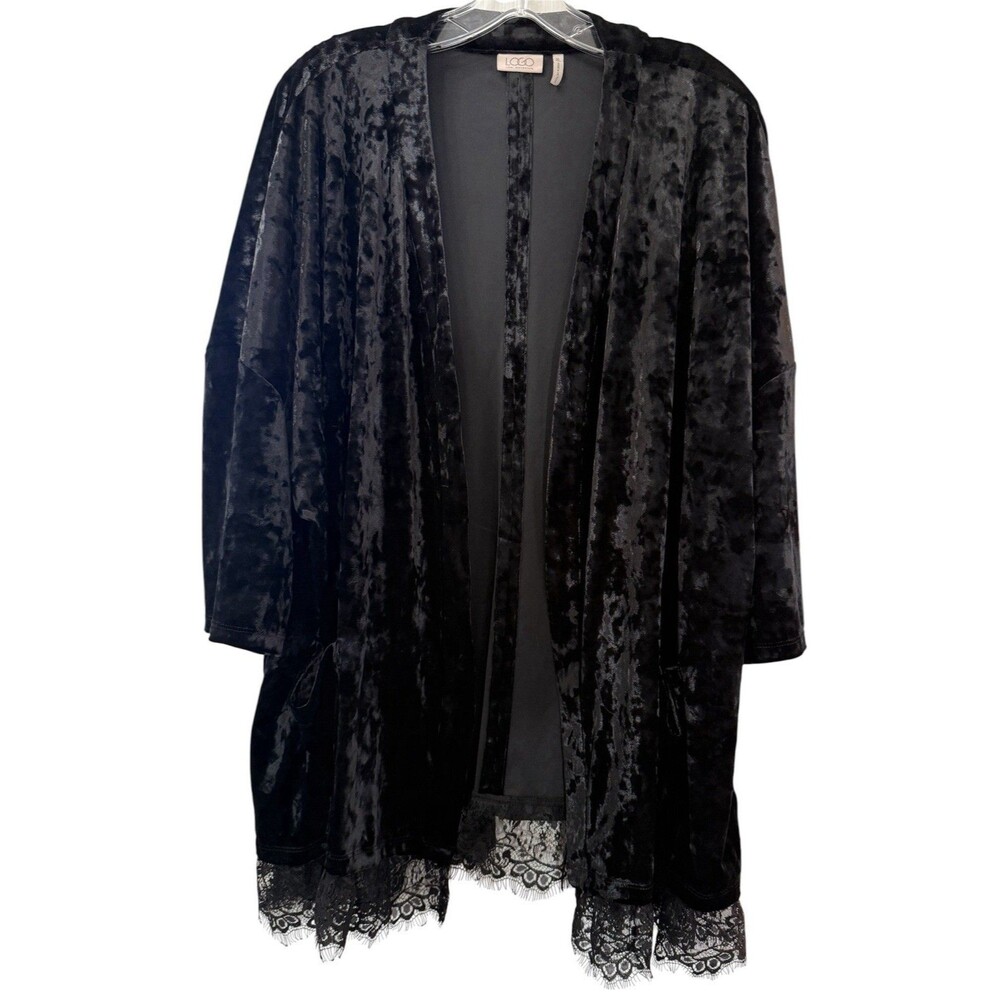 LOGO Lori Goldstein Tunic XL Black Open Cardigan Burnout Velvet Whimsigoth Fairy